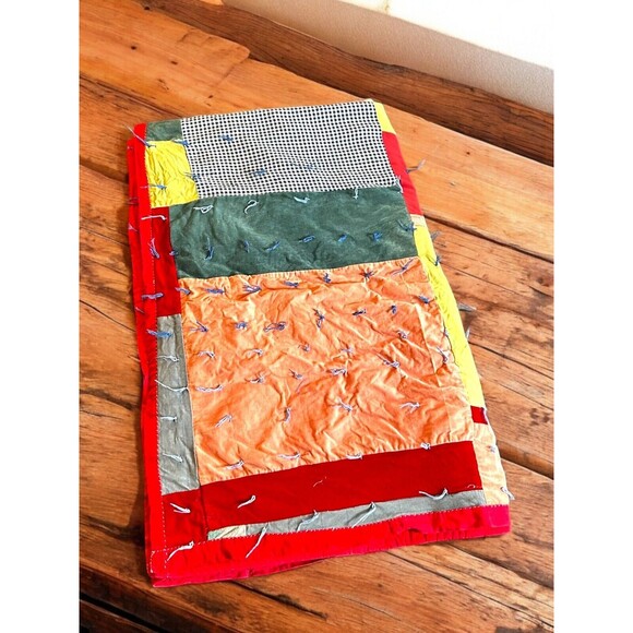 Vtg Handmade Patchwork Quilt Corduroy Wool Seed Sack Back Hand Tied 67”x 89.5”